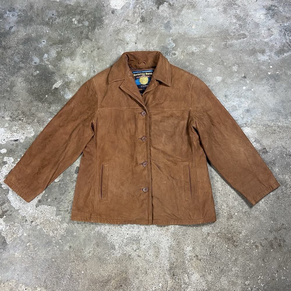 Vintage 90s Wilson's Adventure Bound Leather Jacket Size Large Brown Plaid Lined